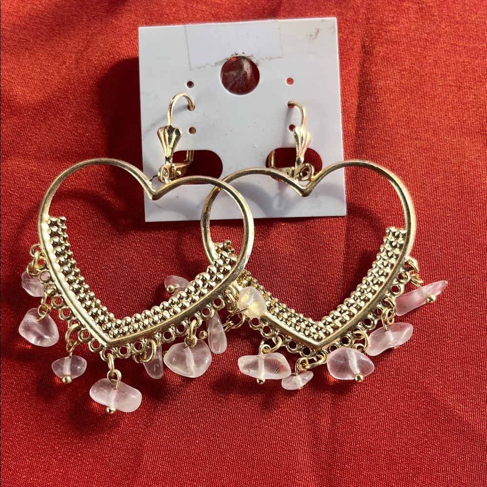 Gold Heart Earrings with Pink Accents